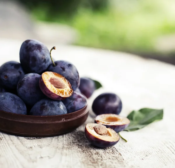 Appetizing Fresh Plums Wooden Table — Stock Photo, Image