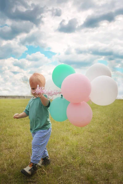 Μικρό Αγόρι Παίζει Πολύχρωμα Μπαλόνια Στο Λιβάδι Καλοκαίρι — Φωτογραφία Αρχείου