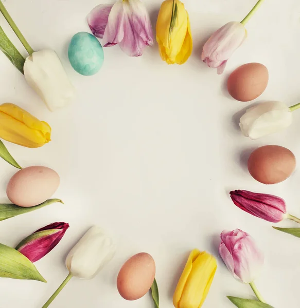 Top View Colorful Easter Eggs Tulips Making Frame Copy Space — Stock Photo, Image