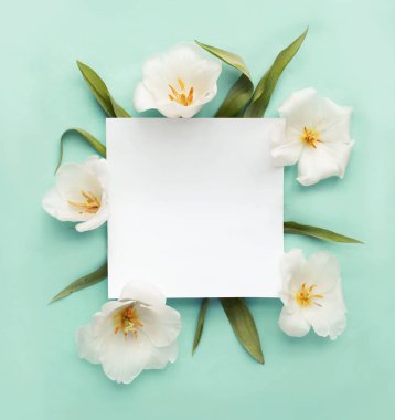 Kopya alanı mavi zemin üzerine beyaz çiçeklerle