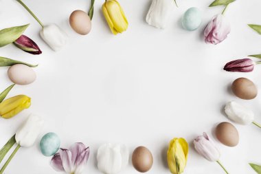 renkli Paskalya yumurtaları ve kopya alanı ile çerçeve hale lale üstten görünüm