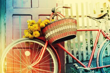 hasır sepet kırmızı retro bisiklet üzerinde sarı zemin çiçek 
