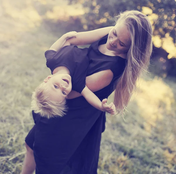 Happy Mother Playing Toddler Son Sunny Park — Stock Photo, Image