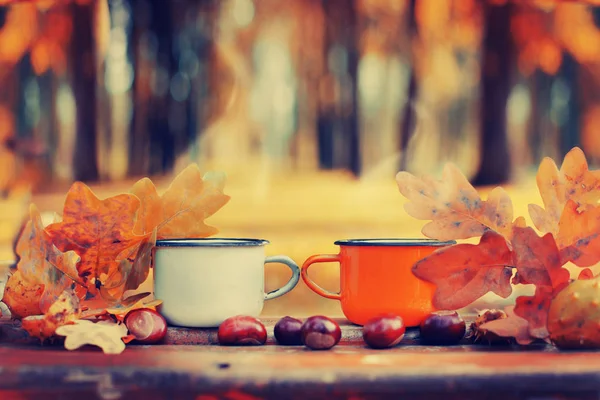 Close Beeld Van Twee Hete Thee Kopjes Houten Tafel Met — Stockfoto