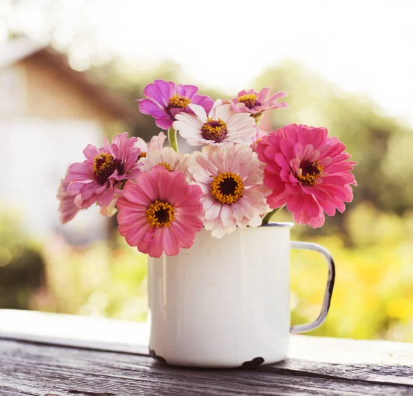 屋外の素朴なテーブルにマグカップで新鮮な菊 — ストック写真