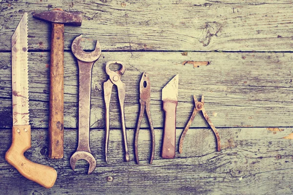 Set Old Rusty Hand Tools Wooden Table — Stock Photo, Image