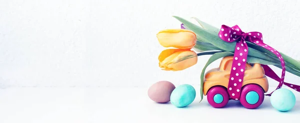 Closeup View Toy Car Tulips Easter Eggs — Stock Photo, Image