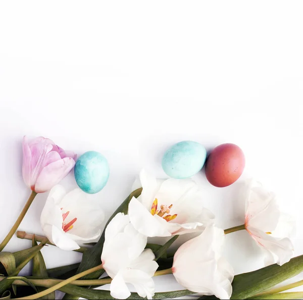 Gentle White Tulips Multicolored Eggs White Background — Stock Photo, Image