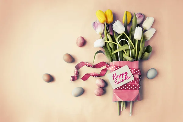 Fresh Spring Colorful Tulips Wrapped Paper Beige Background Happy Easter — Stock Photo, Image