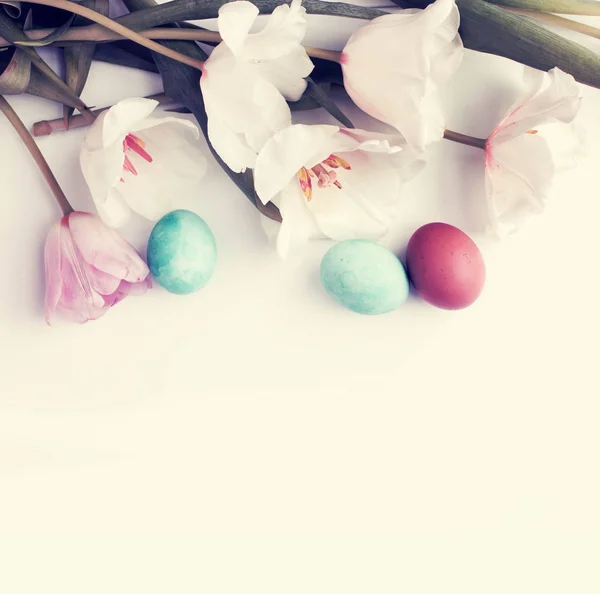 Ніжні Білі Тюльпани Різнокольоровими Яйцями Білому Тлі — стокове фото