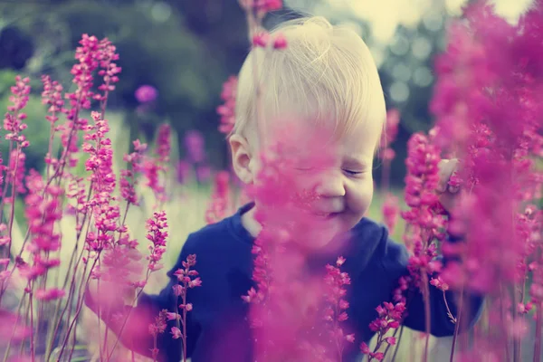 Sarışın Çocuk Yaz Aylarında Çiçeklenme Çayırda Ayakta — Stok fotoğraf