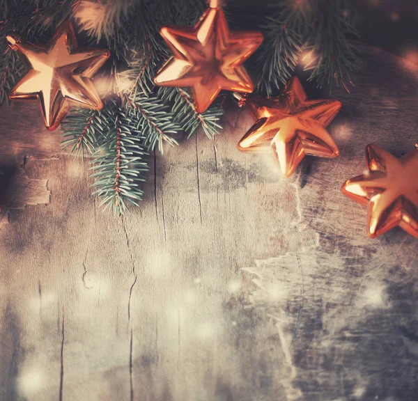 Amazing Golden Stars Pine Branches Wooden Background — Stock Photo, Image