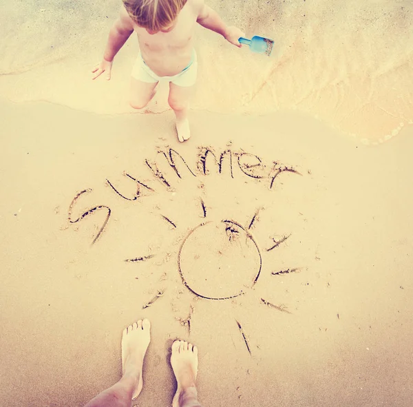 Baby Boy Scoop Mother Drawn Sun Sign Lettering Summer Sand — Stock Photo, Image