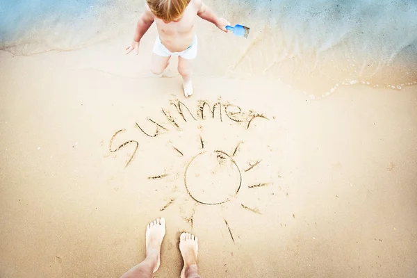 Baby Boy Scoop Mother Drawn Sun Sign Lettering Summer Sand — Stock Photo, Image