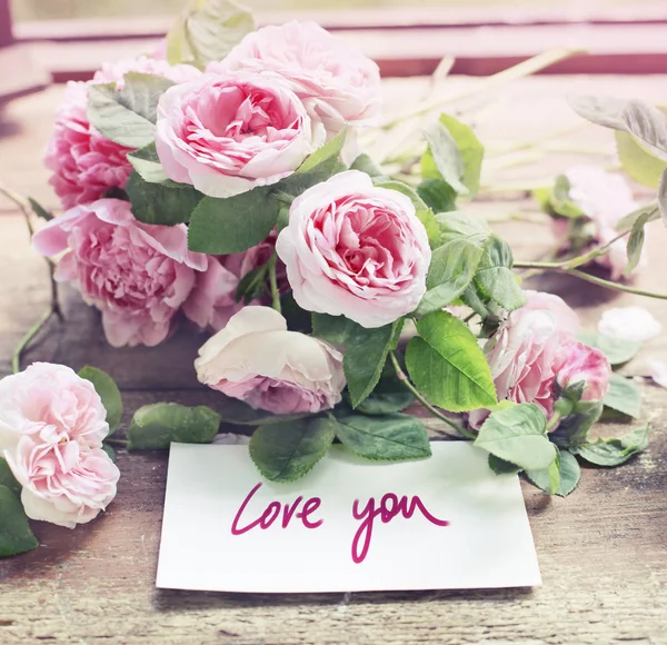 Bouquet Pink Peony Roses Love Card Wooden Table Outdoors — Stock Photo, Image