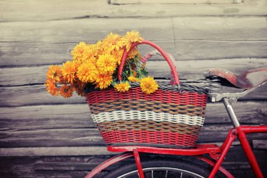 hasır sepet kırmızı retro bisiklet üzerinde sarı zemin çiçek 