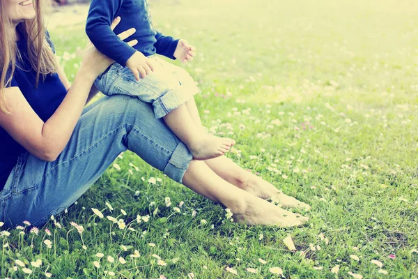 Low Section Woman Relaxing Green Grass Baby Boy — Stock Photo, Image