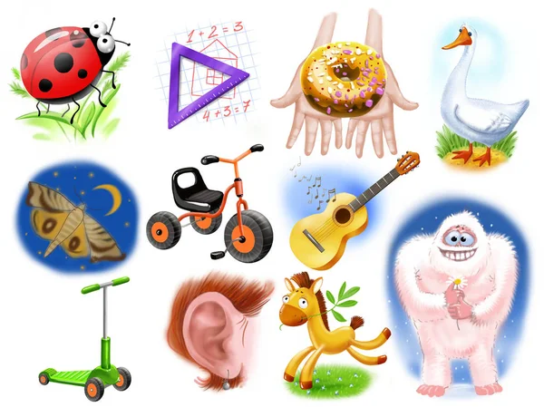 Set Various Themed Illustrations Ladybug Moth Scooter Ear Donut Guitar — Stock Photo, Image