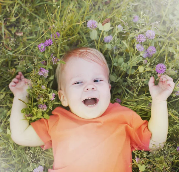 Happy Toddler Boy Relaxing Summer Meadow Grass Sunny Park — Stock Photo, Image