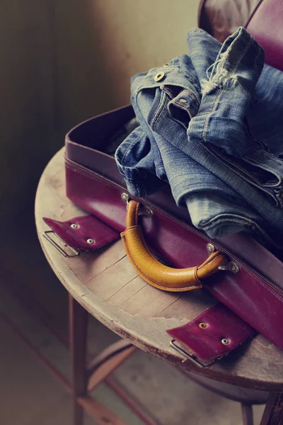 Closeup View Clothes Packed Suitcase — Stock Photo, Image