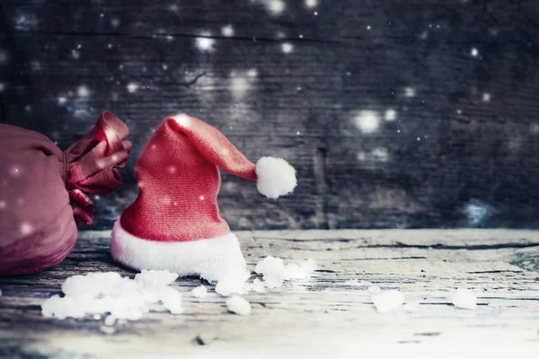 Closeup View Christmas Santa Hat Silver Decorations Vintage Style Wooden — Stock Photo, Image