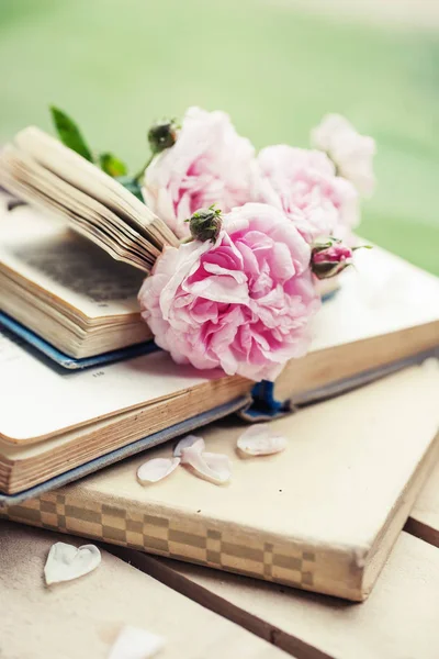 Pink Peony Roses Old Stacked Open Books — Stock Photo, Image