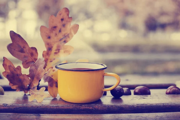 秋の側近と木製のテーブルに熱いお茶のカップのクローズ アップ ビュー — ストック写真