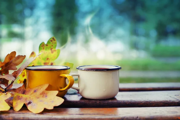 Vista Cerca Dos Tazas Caliente Mesa Madera Con Séquito Otoño —  Fotos de Stock