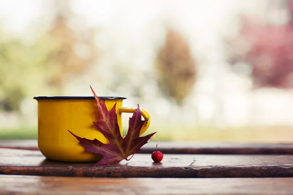 Vista Primer Plano Taza Caliente Mesa Madera Con Séquito Otoño —  Fotos de Stock