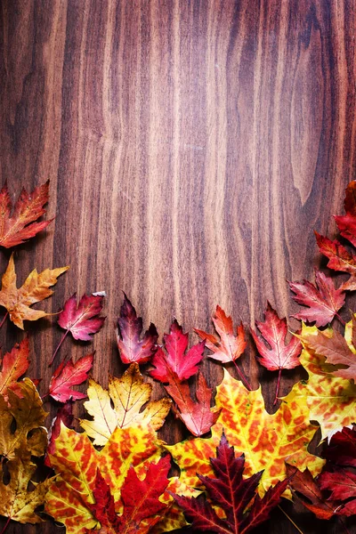 Bovenaanzicht Van Herfst Laat Geplaatst Houten Achtergrond — Stockfoto