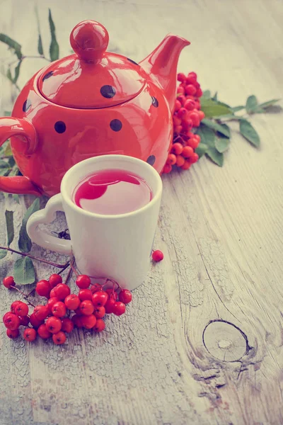 Taza Con Bayas Rojas Tetera Con Puntos —  Fotos de Stock