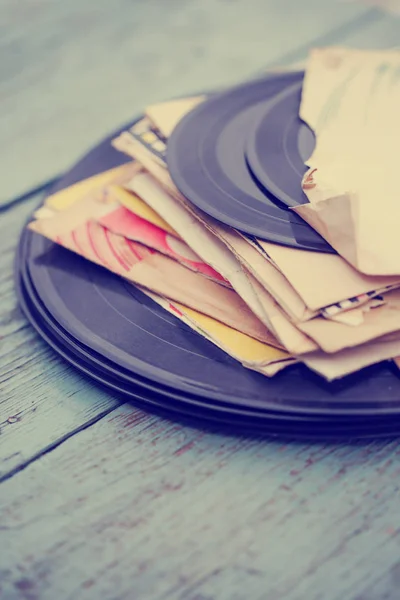 Closeup View Vinyl Records Heap Wooden Table — Stock Photo, Image