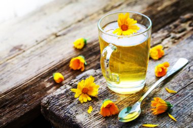 taze çay Kupası ahşap masa üzerinde bitkilerle closeup görünümü