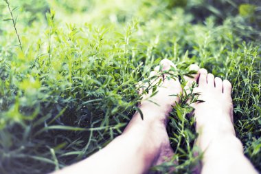 Ayaklarda papatya çiçekler ile çayır çim