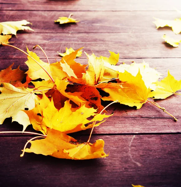 Podzimní Pozadí Listy Dřevěný Povrch — Stock fotografie