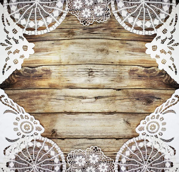 Bovenaanzicht Van Kerstmis Achtergrond Met Sneeuwvlokken Frame Houten Tafel — Stockfoto