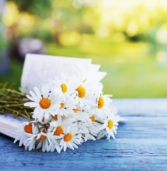庭で開かれた本の木製のテーブルの上に新鮮なカットの鎮静花 — ストック写真