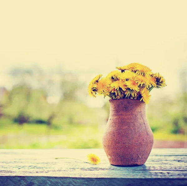 Čerstvé Řezané Pampelišky Rustikálním Váza Zahradní Stůl — Stock fotografie