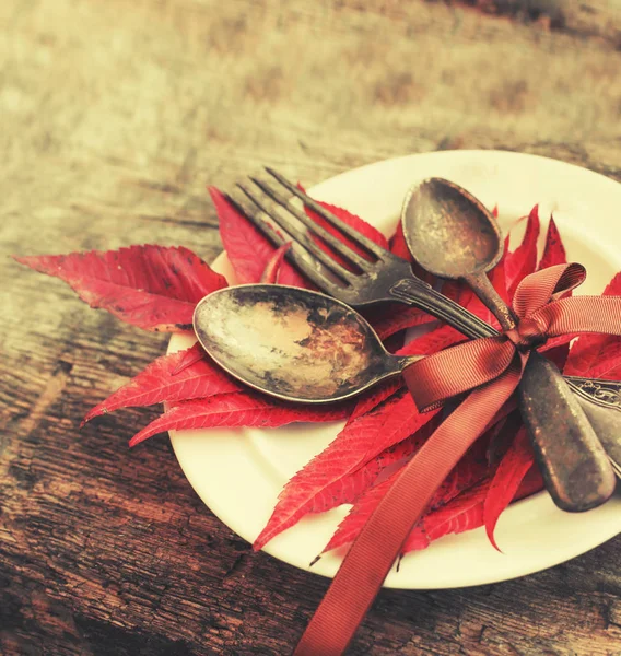 Vue Rapprochée Plaque Avec Feuilles Automne Vaisselle Sur Table Bois — Photo