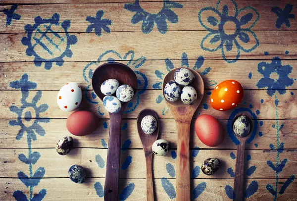 Festive Easter Eggs Spoons Wooden Table — Stock Photo, Image
