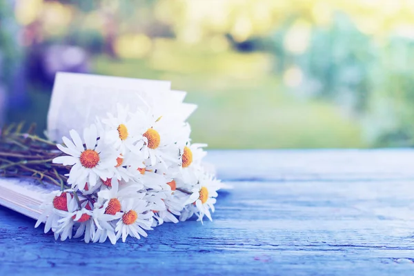 庭で開かれた本の木製のテーブルの上に新鮮なカットの鎮静花 — ストック写真