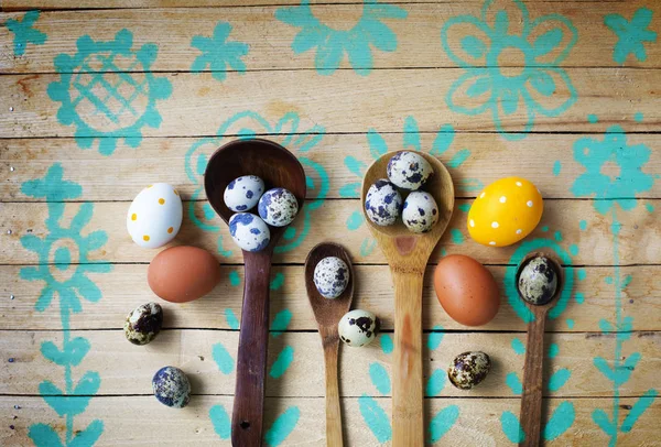 Festive Easter Eggs Spoons Wooden Table — Stock Photo, Image