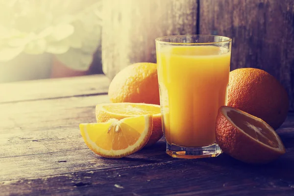 Orange Juice Oranges Wooden Background — Stock Photo, Image