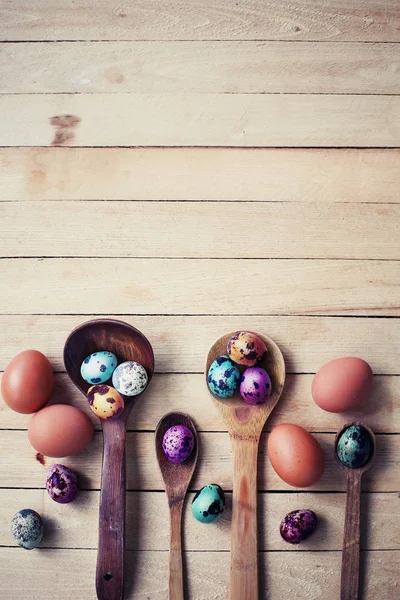 Elevated View Easter Eggs Spoons Wooden Background — Stock Photo, Image