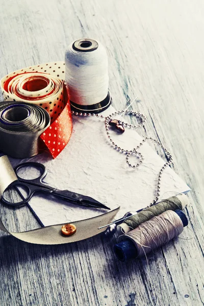 Vintage Sewing Tools Wooden Table — Stock Photo, Image