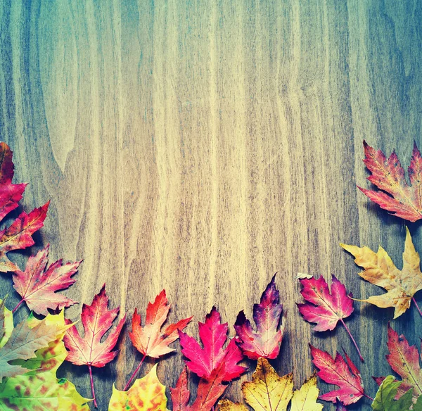 Herbstlicher Hintergrund Mit Blättern Auf Holzoberfläche — Stockfoto