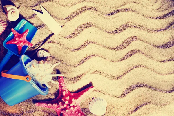 Wyświetlić Zbliżenie Zabawki Plaży Nad Piaskiem Rozgwiazdy — Zdjęcie stockowe