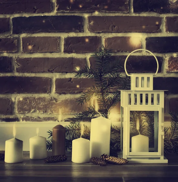 Close Beeld Van Kaarsen Vloer Kerst Decoratie Vintage Stijl — Stockfoto