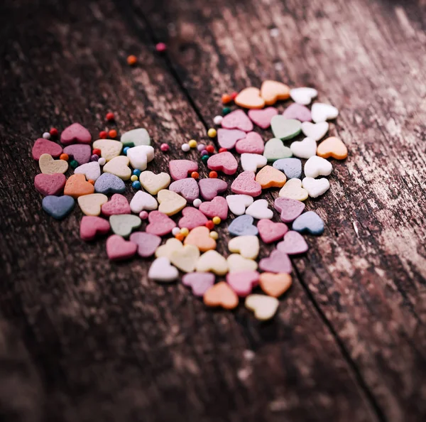 Färgglada Romantiska Hjärtan Trä Bakgrund — Stockfoto