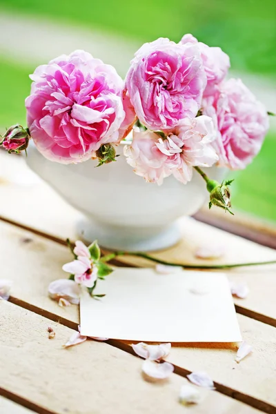 Свіжі Рожеві Піоноподібні Троянди Горщику Садовому Столі — стокове фото